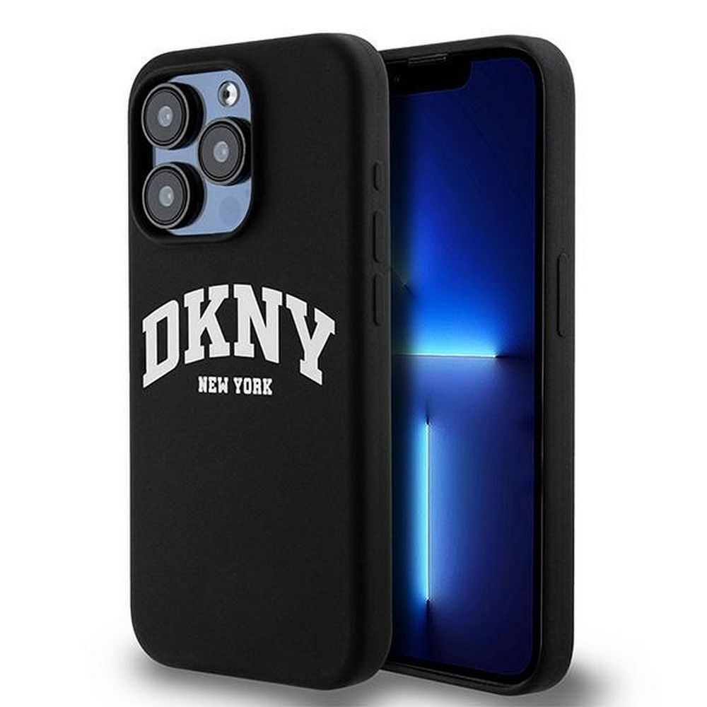 DKNY tok IPHONE 15 Plus-hoz, MagSafe kompatibilis DKHMP15MSNYACH (DKNY HC MagSafe Szilikon Fehér Ív Logóval) fekete