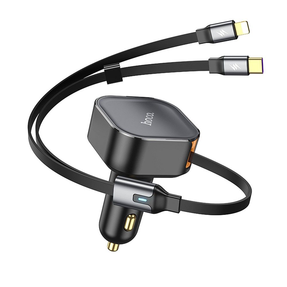HOCO autós töltő teleszkópos kábellel Type C + Lightning PD QC 3A 30W NZ13 fekete