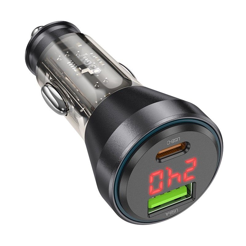 HOCO autós töltő USB A + Type C digitális kijelzővel + Type C – Lightning kábel PD QC3.0 3A 48W NZ12B átlátszó fekete
