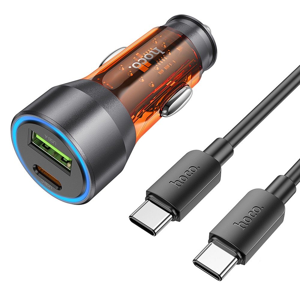 HOCO autós töltő USB A + Type C + Type C – Type C kábel PD QC3.0 3A 43W NZ12A átlátszó narancssárga