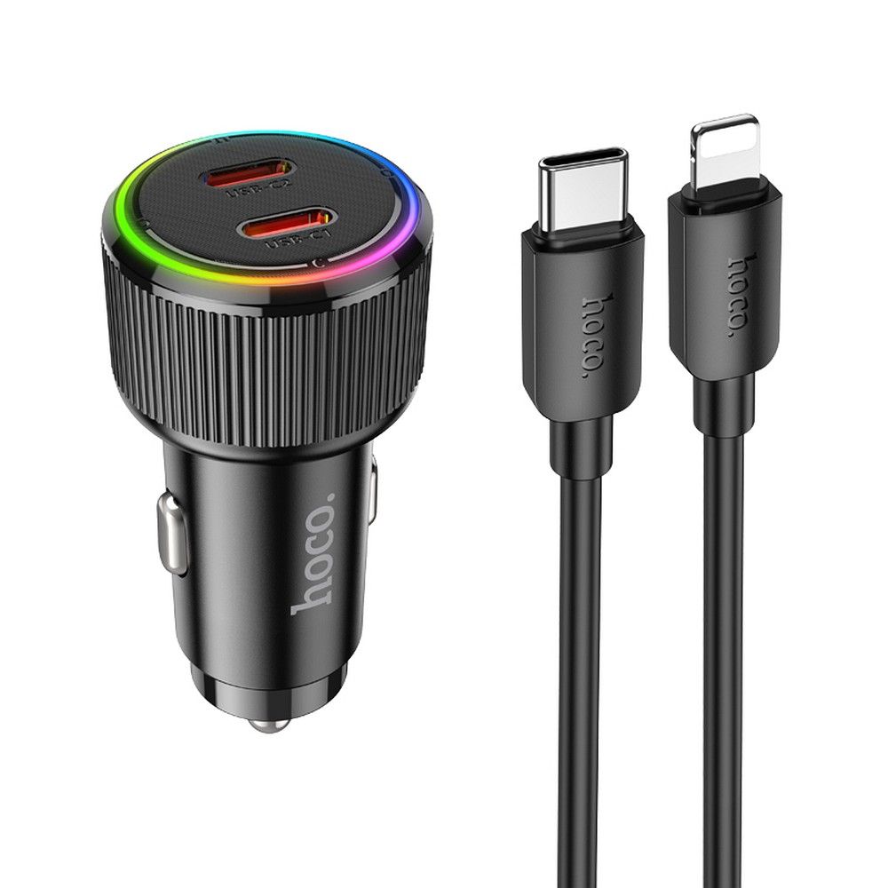 HOCO autós töltő 2 x Type C QC PD 50W + Type C – Lightning kábel NZ14B fekete