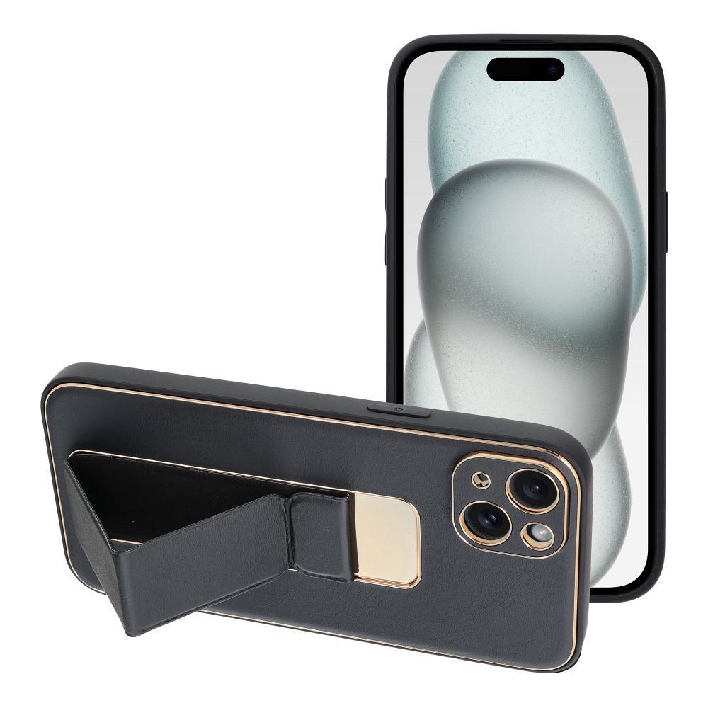 BŐR TOK KICKSTAND IPHONE 15 Plus-hoz fekete