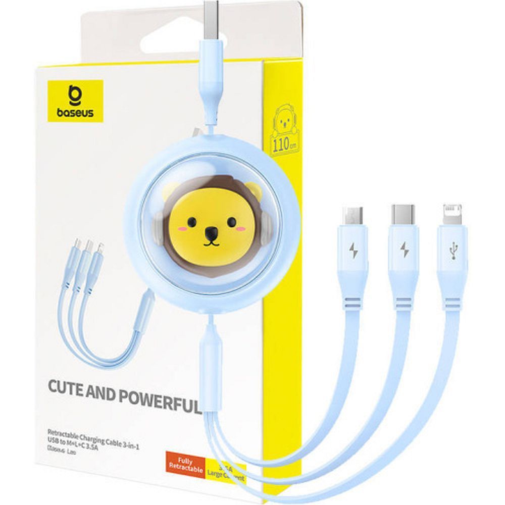 BASEUS retrahálható kábel 3in1 USB A – Micro USB / Lightning / Type C CB000063 1,1 m kék