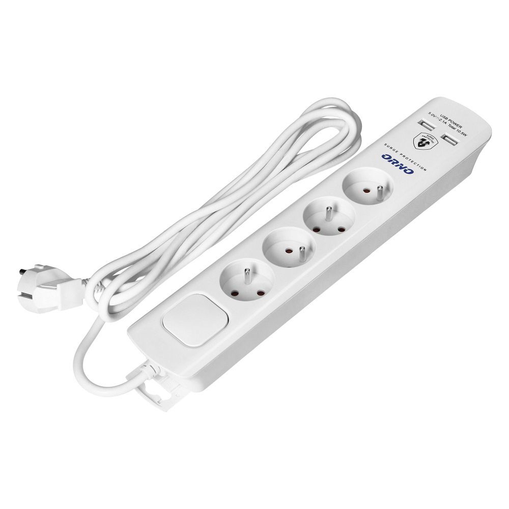 Túláramvédős elosztó, 4 aljzat 2P+E 2xUSB, 3×1.0mm2 kábel, 3m hosszú, fehér (OR-AE-13243/W/3M)