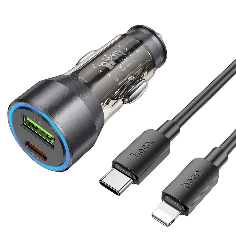 HOCO autós töltő USB A + Type C + Type C – Lightning kábel PD QC3.0 3A 43W NZ12A átlátszó fekete