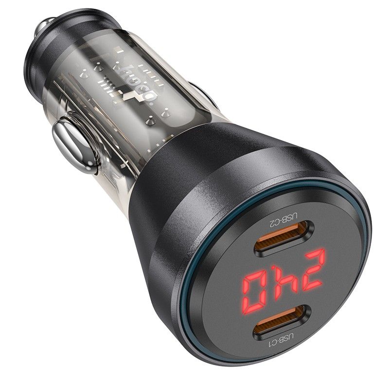 HOCO autós töltő 2 x Type C digitális kijelzővel PD QC3.0 3A 60W NZ12C átlátszó fekete