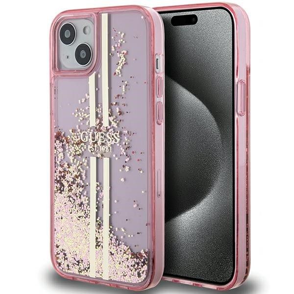 GUESS case for IPHONE 15 GUHCP15SLFCSEGP (Liquid Glitter Gold Stripes) pink