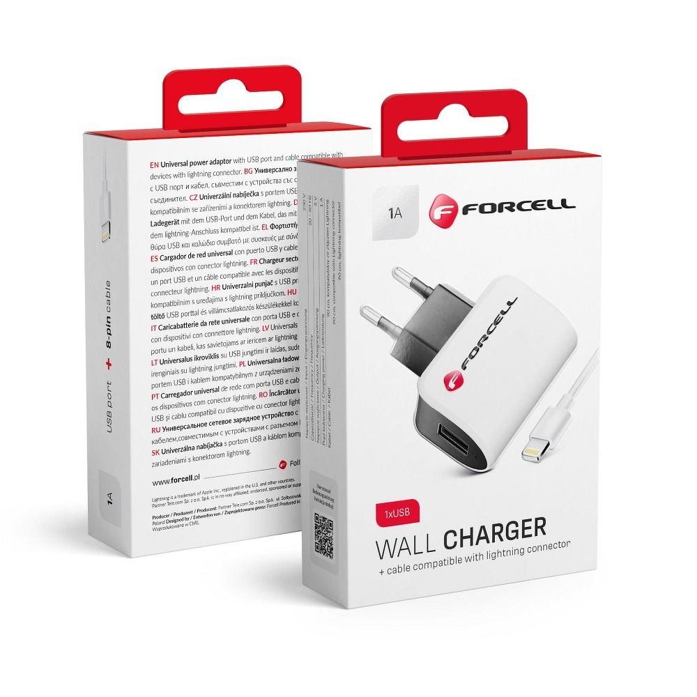 FORCELL F-ENERGY U19 utazó töltő USB A + USB A – Lightning kábel 1A 5W fehér-fekete