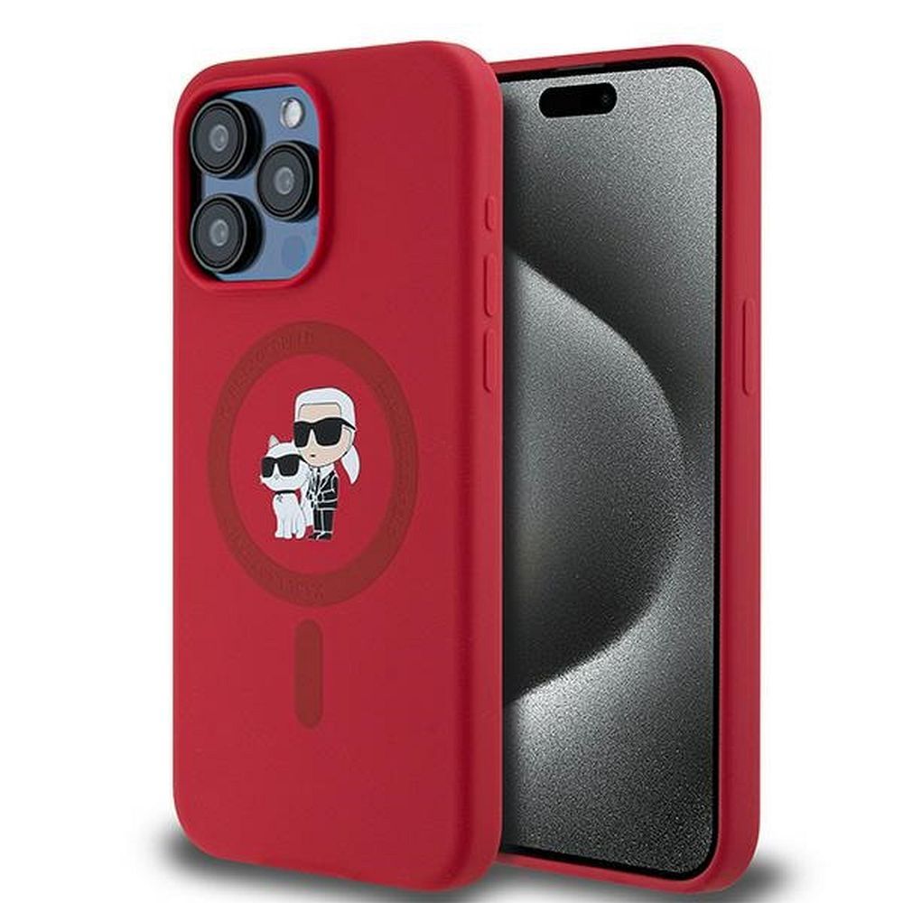KARL LAGERFELD tok IPHONE 15 Pro Max-hoz, MagSafe kompatibilis KLHMP15XSCMKCRHR (Silicone KC Body Ring) piros
