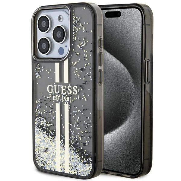 GUESS tok IPHONE 15 Pro GUHCP15LLFCSEGK (Folyékony Csillogó Arany Csíkok) fekete
