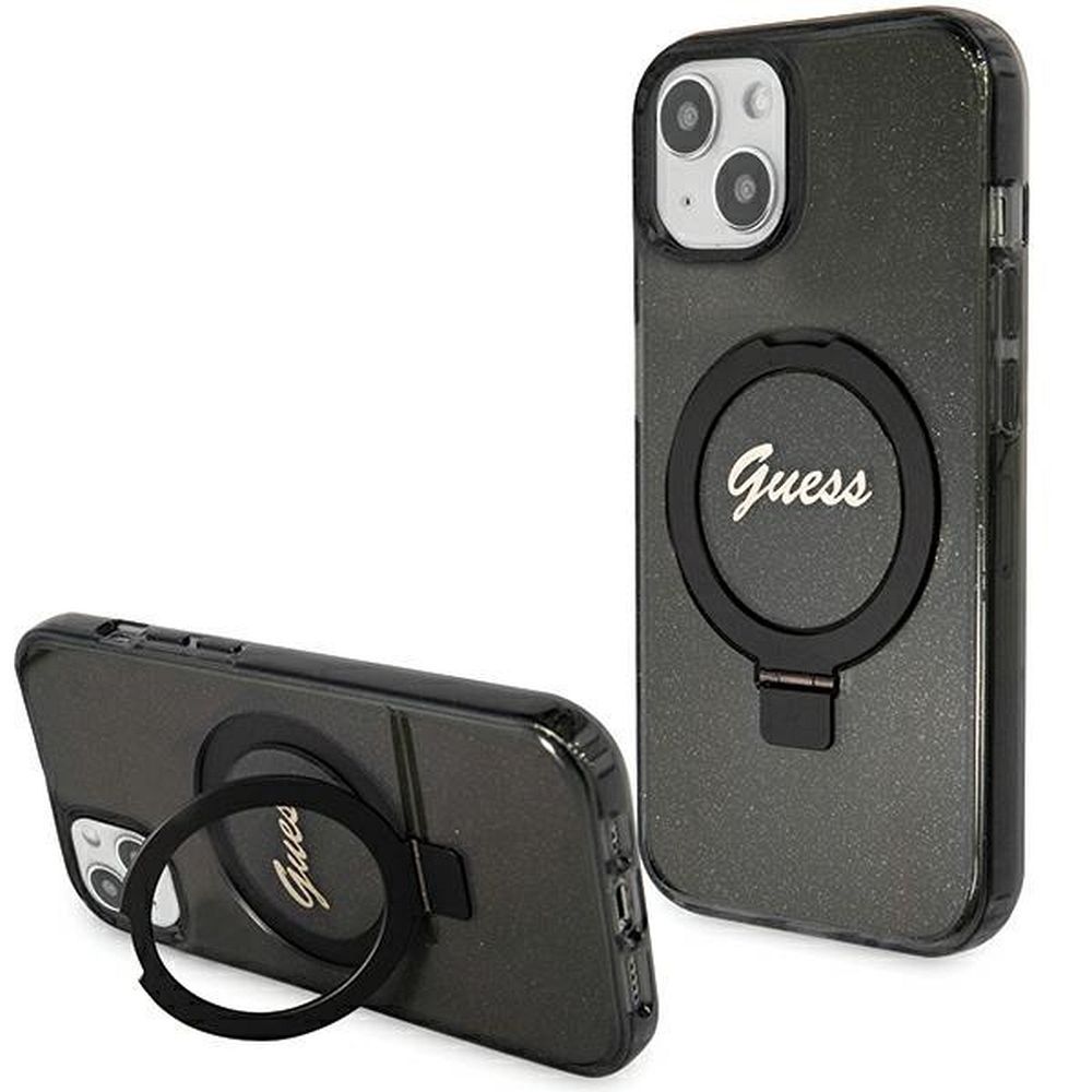 GUESS tok IPHONE 15-höz, MagSafe kompatibilis GUHMP15SHRSGSK (Csillogó Script Logo Gyűrű állvány) fekete