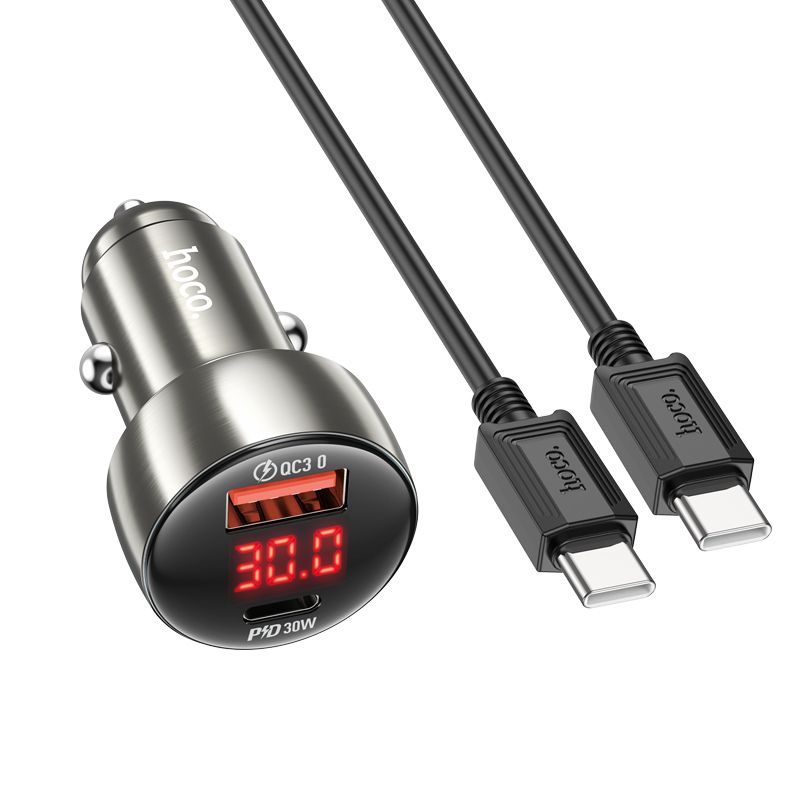 HOCO autós töltő USB A + Type C digitális kijelzővel + Type C – Type C PD QC3.0 3A 48W Z50 fém szürke