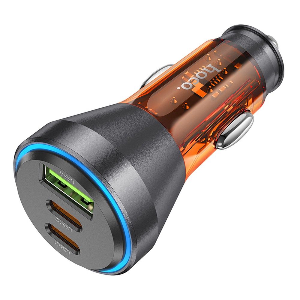 HOCO autós töltő USB A + 2 x Type C PD QC3.0 3A 60W NZ12D átlátszó narancssárga