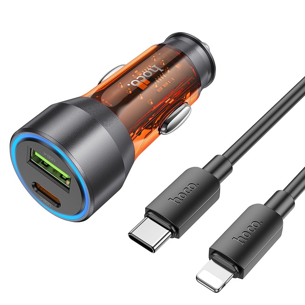 HOCO autós töltő USB A + Type C + Type C – Lightning kábel PD QC3.0 3A 43W NZ12A átlátszó narancssárga