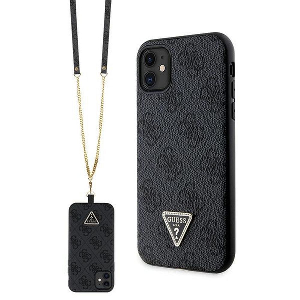 GUESS tok IPHONE 11 GUHCN61P4TDSCPK (Bőr Fém Logó Strassz Keresztpánt) fekete
