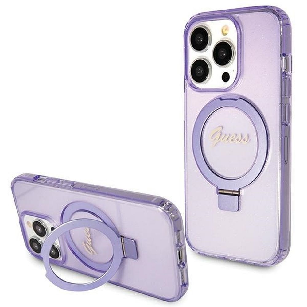 GUESS tok IPHONE 15 Pro-hoz, MagSafe kompatibilis GUHMP15LHRSGSU (Csillogó Feliratú Logo Gyűrű állvány) lila