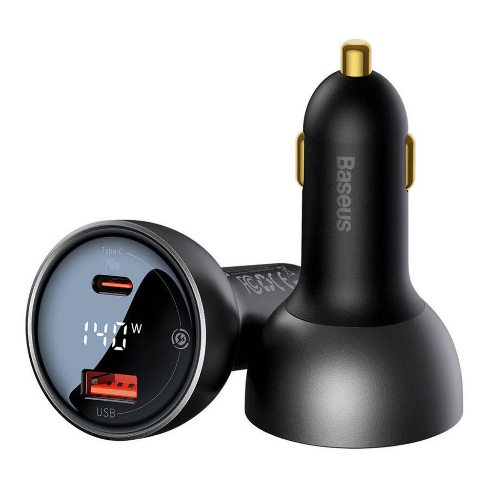 BASEUS autós töltő USB A + Type C digitális kijelzővel + Type C – Type C kábel PD3.1 QC3.0 3A 140W fekete