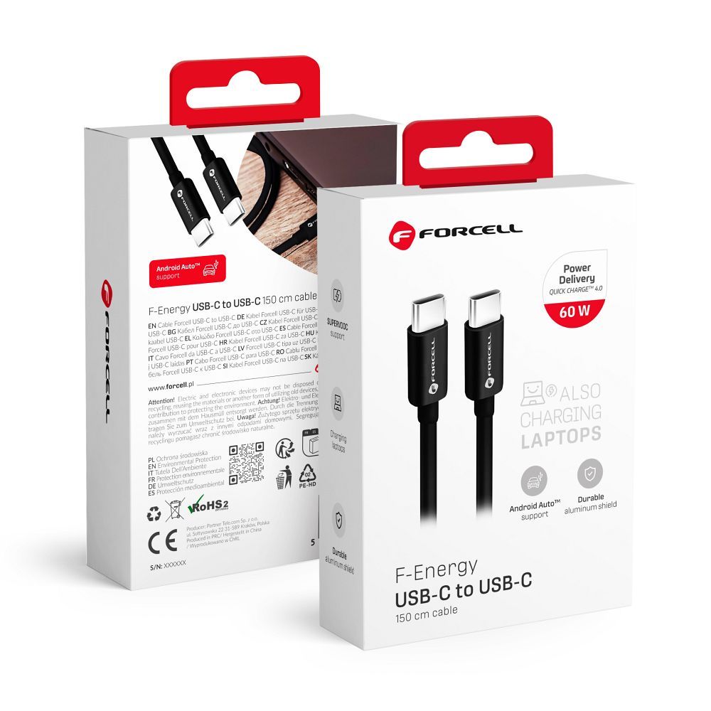 FORCELL F-ENERGY C338 Type C – Type C kábel PD QC4.0 3A 60W 1,5 m fekete