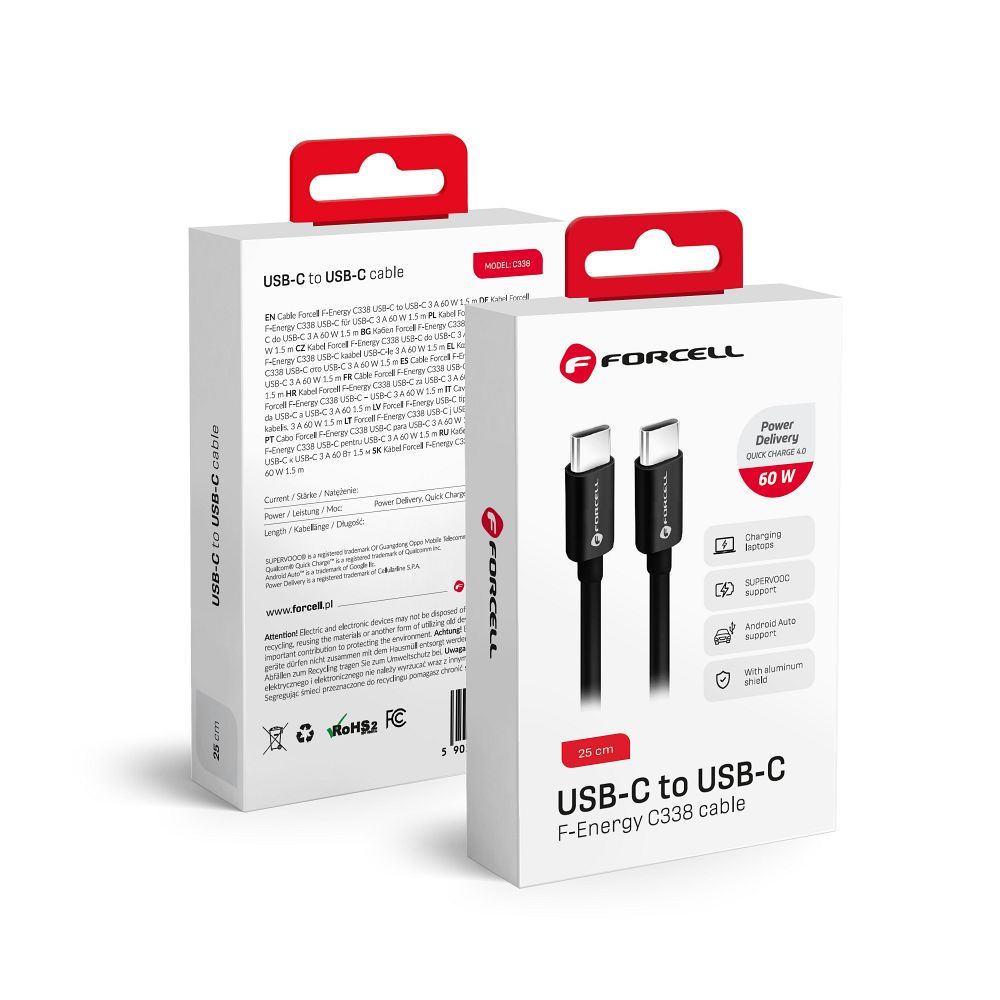 FORCELL F-ENERGY C338 Type C – Type C PD QC4.0 3A 60W 0,25 m fekete kábel