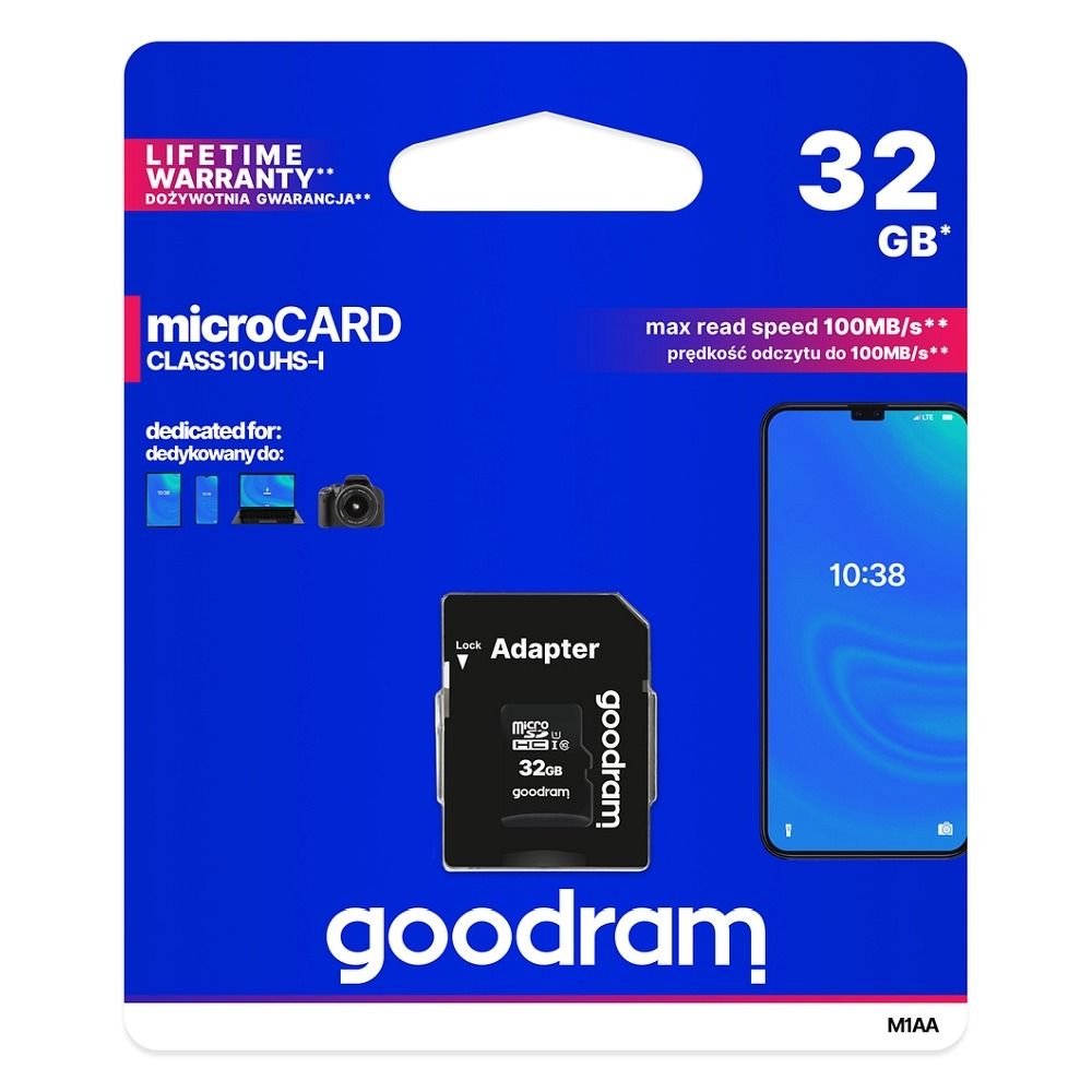 GOODRAM microSD memória kártya 32GB 100MB/s class 10 UHS I SD adapterrel