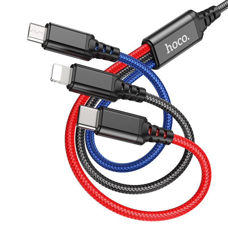 HOCO 3in1 USB A töltőkábel Lightning / Micro USB / Type C 2A X76 1 m fekete / piros / kék