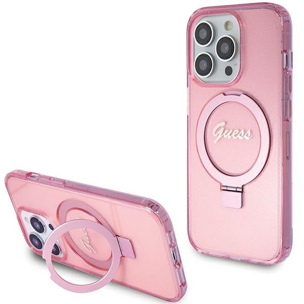 KARL LAGERFELD tok IPHONE 15 Pro-hoz, MagSafe kompatibilis GUHMP15LHRSGSP (Csillogó Felirat Logo Gyűrű állvány) rózsaszín