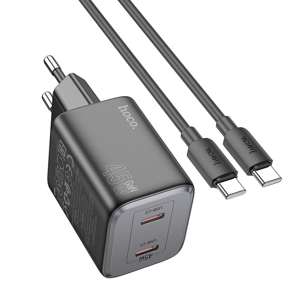 HOCO töltő 2 x Type C + Type C – Type C kábel PD QC 45W GaN N42 fekete