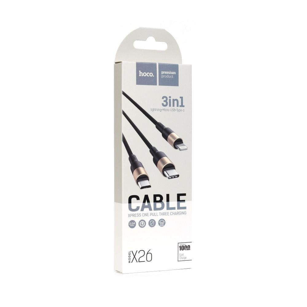 HOCO 3in1 USB A – Lightning / Micro USB / Type C 2A X26 1 m fekete arany kábel