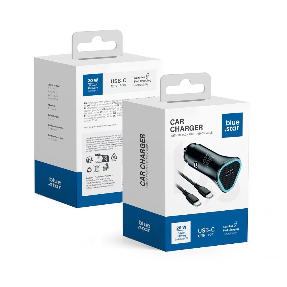 BLUE STAR autós töltő 3A 20W Type C + Type C – Type C kábel PD QC3.0 AFC fekete