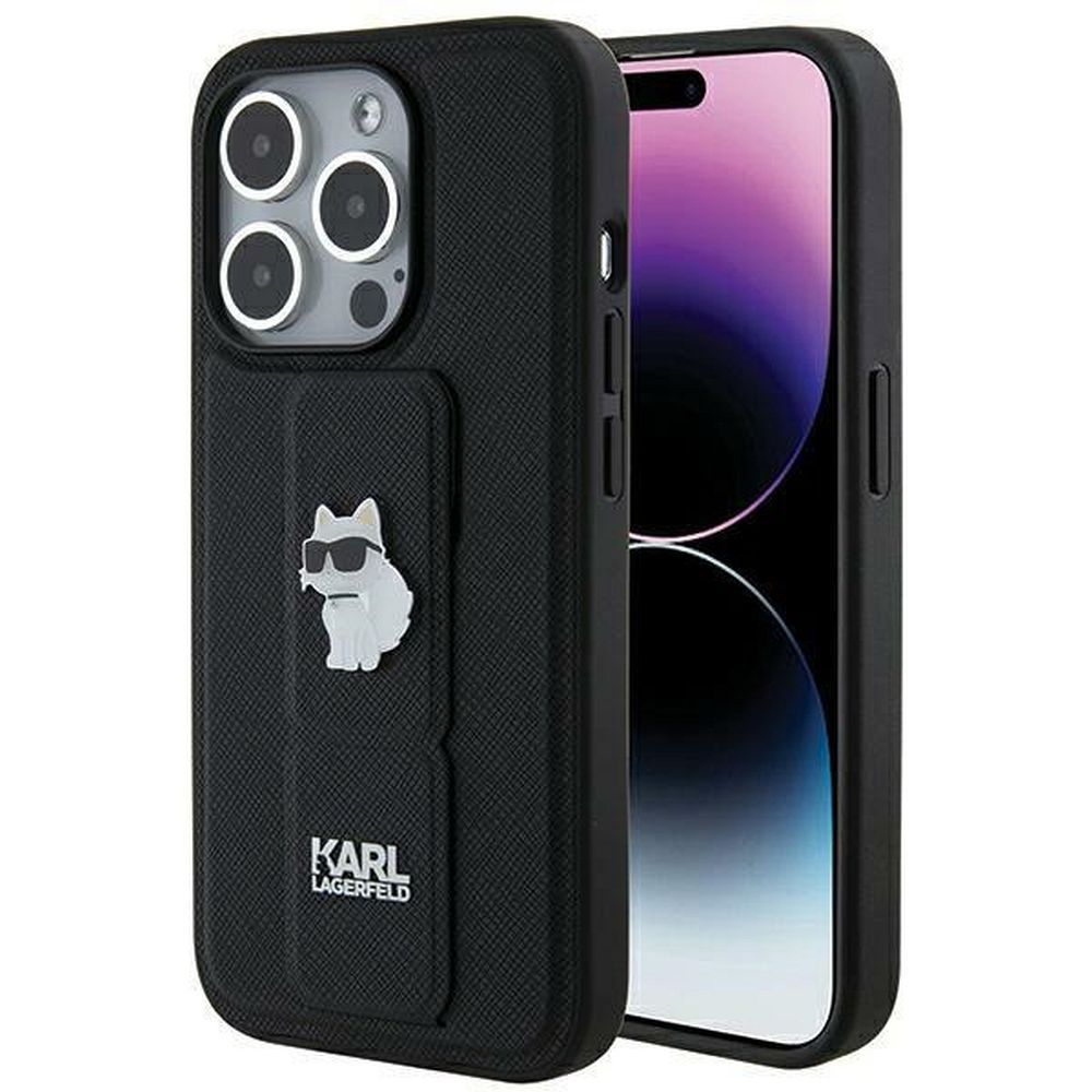 KARL LAGERFELD tok IPHONE 14 Pro Max KLHCP14XGSACHPK (Gripstand Saffiano choupette PIN) fekete