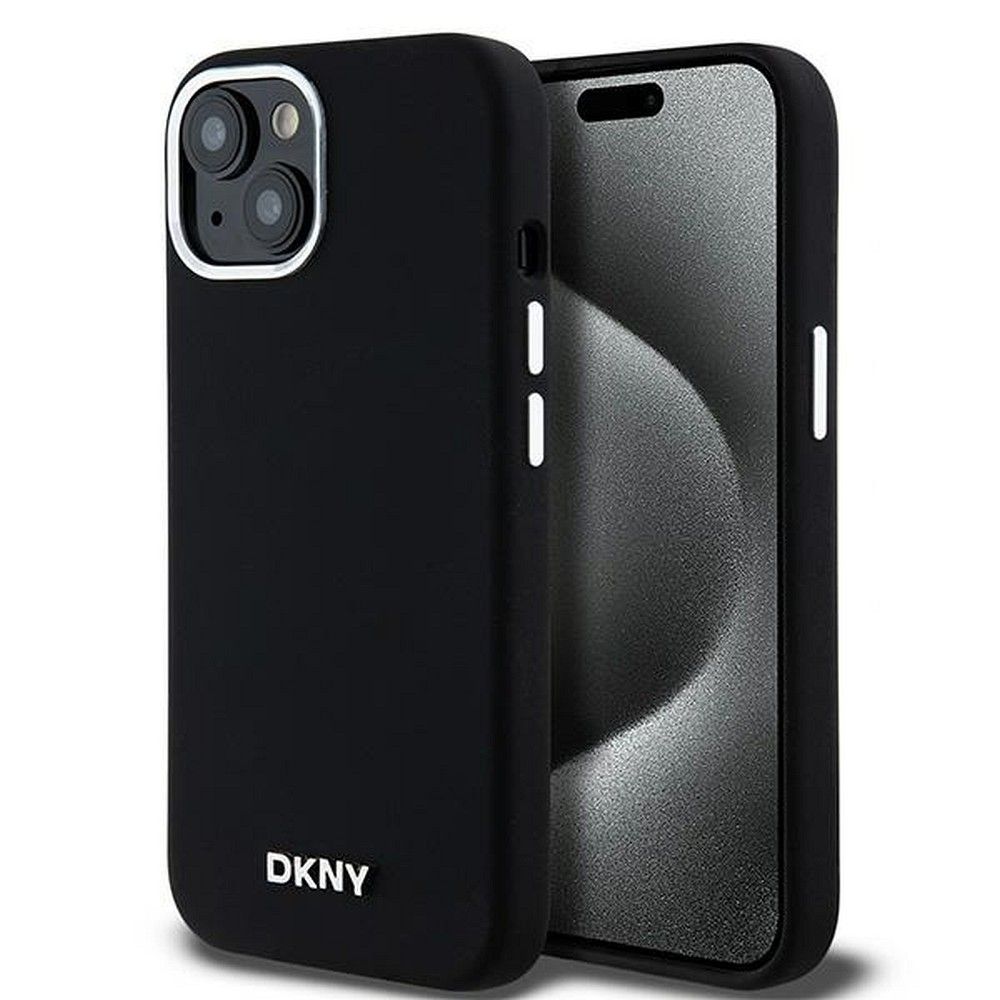 DKNY tok IPHONE 15-höz, MagSafe kompatibilis DKHMP15SSMCHLK (DKNY HC MagSafe Szilikon Függőleges Fém Logó) fekete
