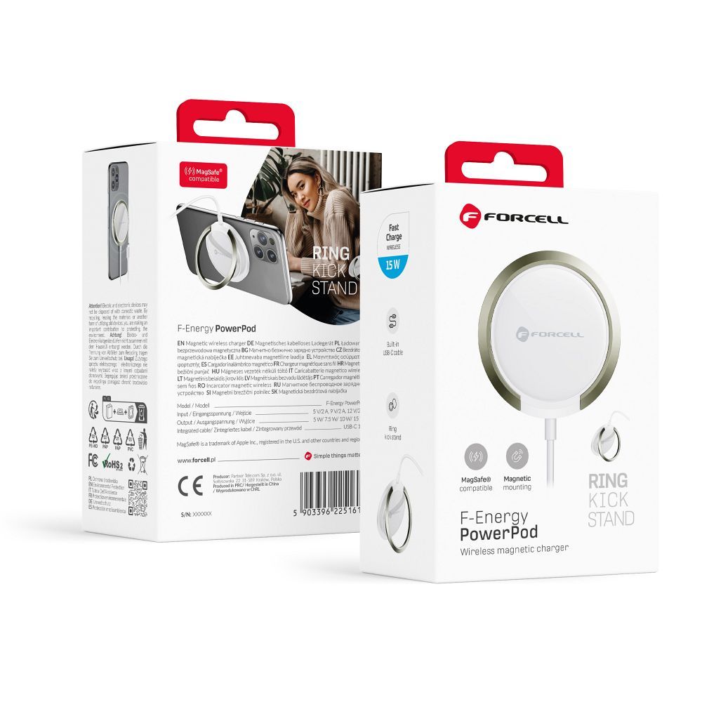 FORCELL F-ENERGY PowerPod vezeték nélküli töltő MagSafe kompatibilis gyűrűvel/támasztékkal 2A 15W fehér