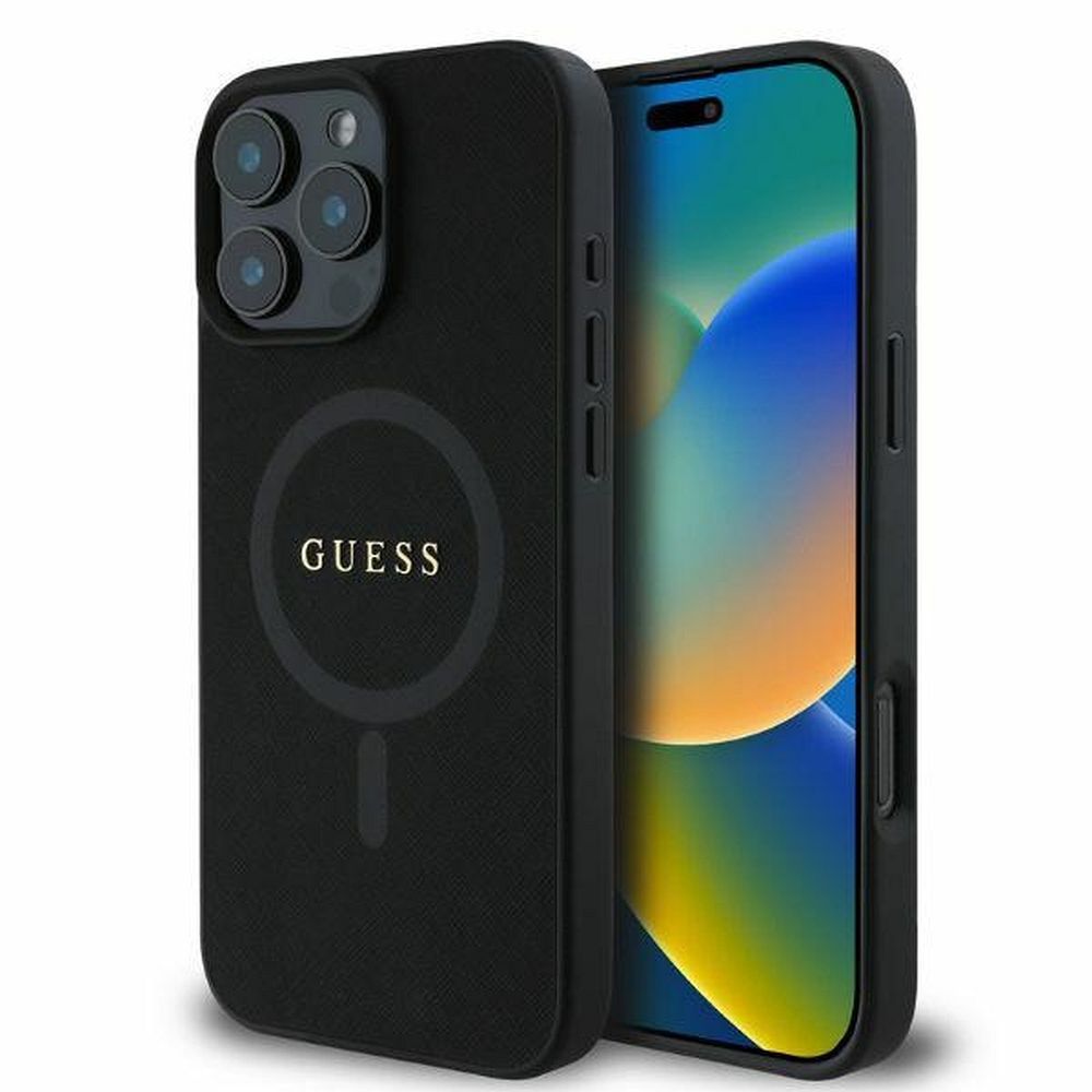 GUESS tok IPHONE 16 Pro-hoz, MagSafe kompatibilis GUHMP16LPSAHMCK (PU Saffiano Klasszikus Logó) fekete