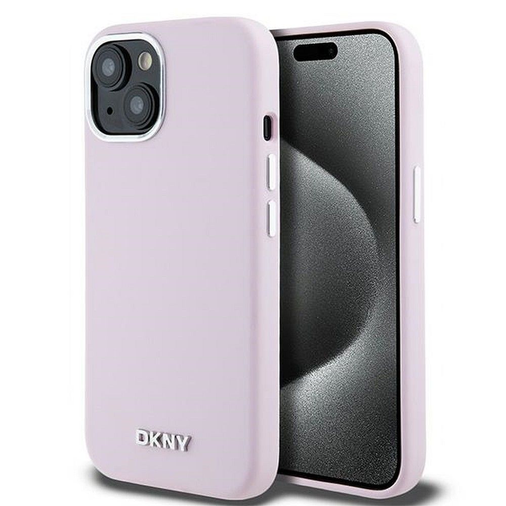 DKNY tok IPHONE 15-höz, MagSafe kompatibilis DKHMP15SSMCHLP (DKNY HC MagSafe Szilikon Horizontális Fém Logó) rózsaszín