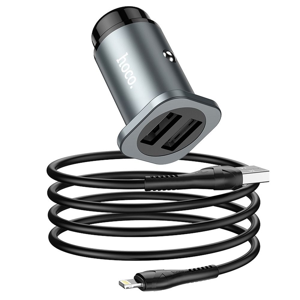 HOCO autós töltő 2 x USB + kábel iPhone Lightning 8-tűs Wise Road NZ4,8A 24W szürke