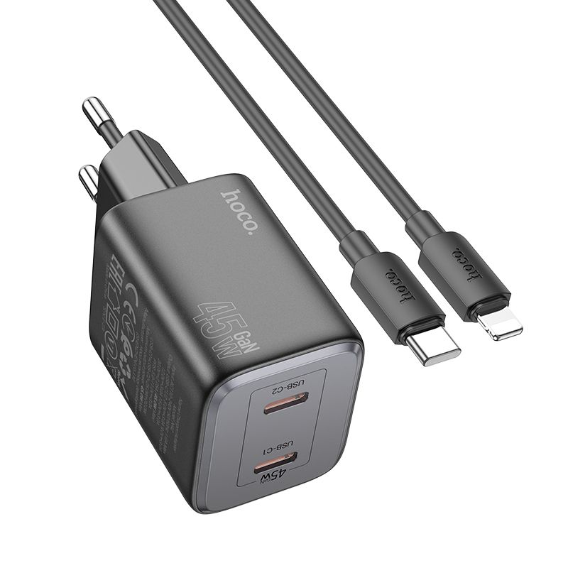 HOCO töltő 2 x Type C + Type C – Lightning kábel PD QC 45W GaN N42 fekete