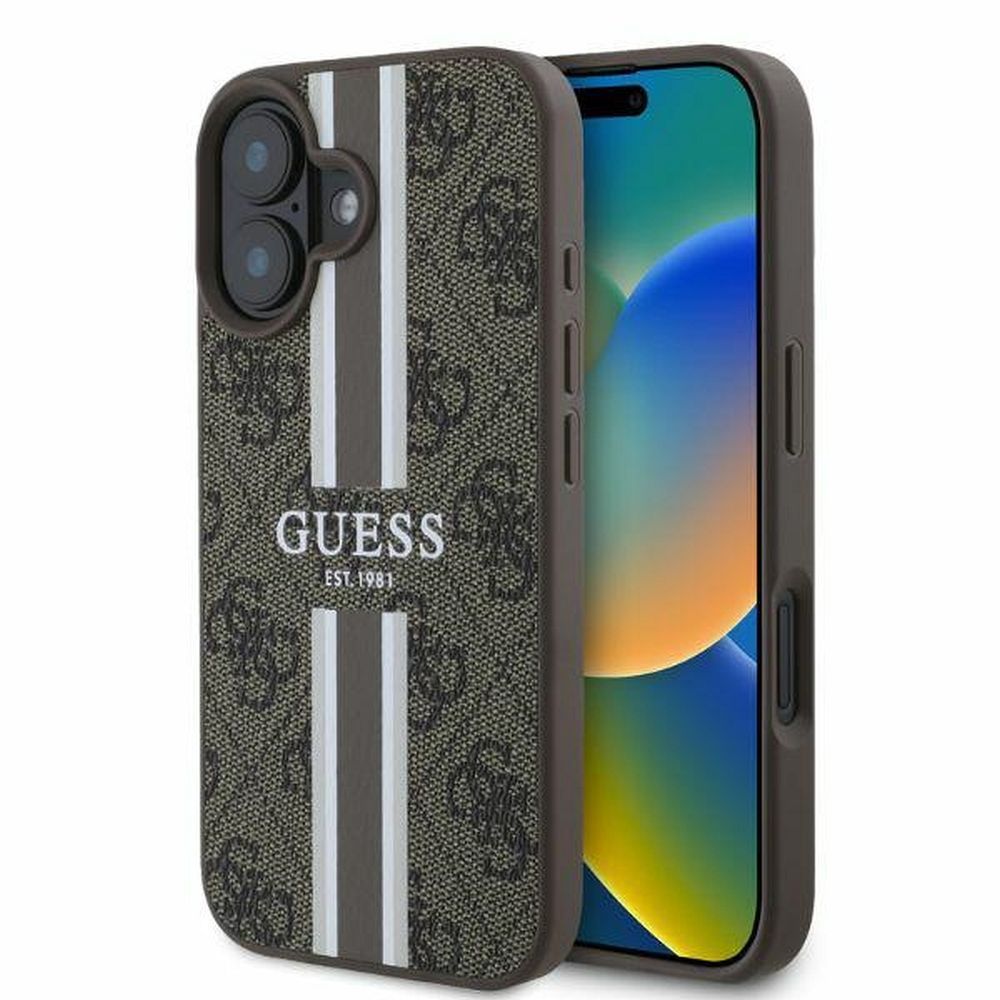 GUESS tok IPHONE 16-hoz, MagSafe kompatibilis GUHMP16SP4RPSW (4G Nyomtatott Csíkok) barna