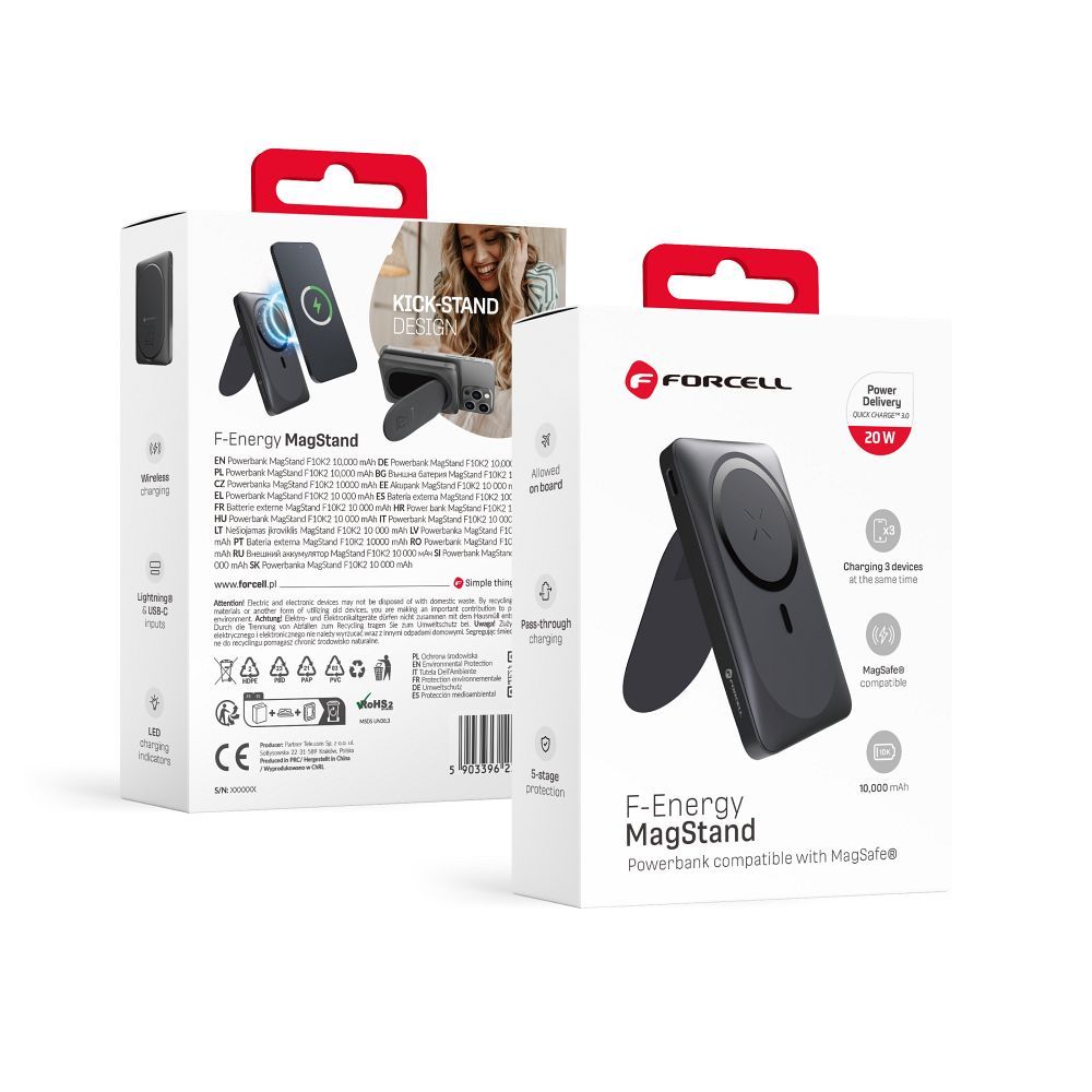 FORCELL F-ENERGY F10K2 MagStand powerbank MagSafe kompatibilis PD QC3.0 5A 20W 10 000 mAh fekete