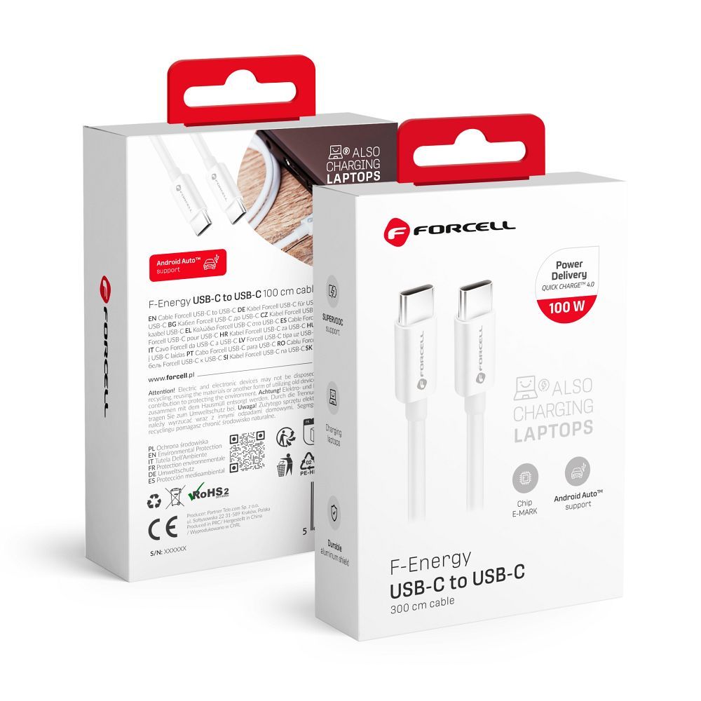 FORCELL F-ENERGY C339 kábel Type C to Type C PD QC4.0 5A 100W 3 m fehér
