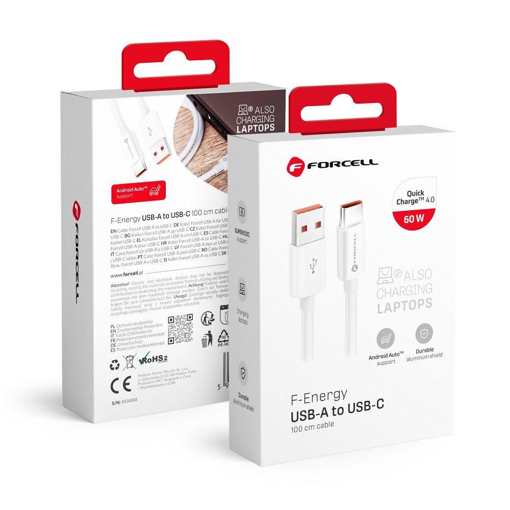FORCELL F-ENERGY C336 kábel USB A-tól Type C-ig QC4.0 3A 60W 1 m fehér