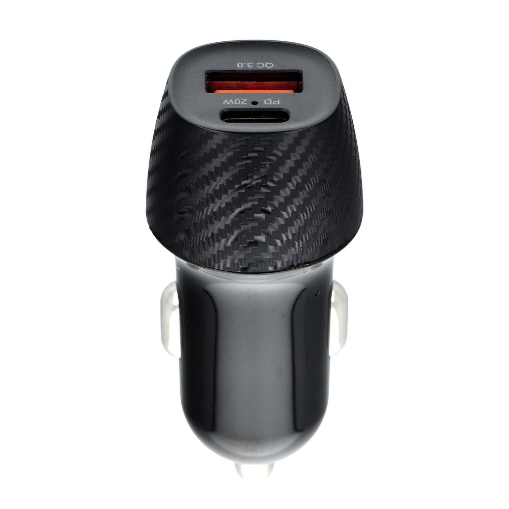 Car charger QWE CARBON Type C 3.0 PD20W + USB QC3.0 18W 3A CC281-1A1C black (Total 20W)