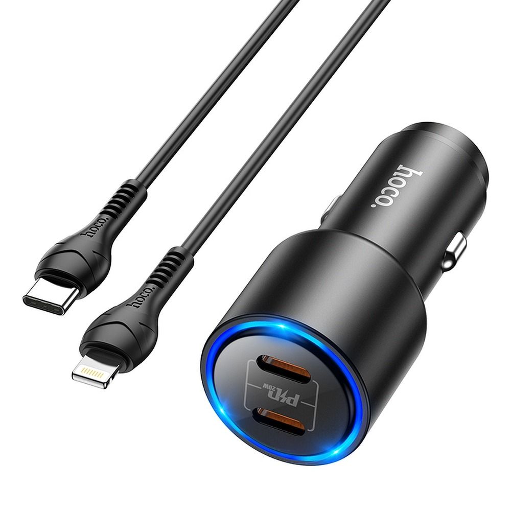 HOCO autós töltő 2x Type C Clear Way Power Delivery PD40W QC + Type C kábel iPhone Lightning 8-tűs NZ3 fekete