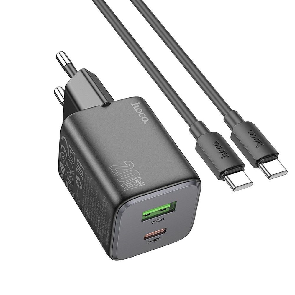 HOCO USB A + Type C töltő + Type C – Type C kábel PD QC 3A 20W N41 fekete