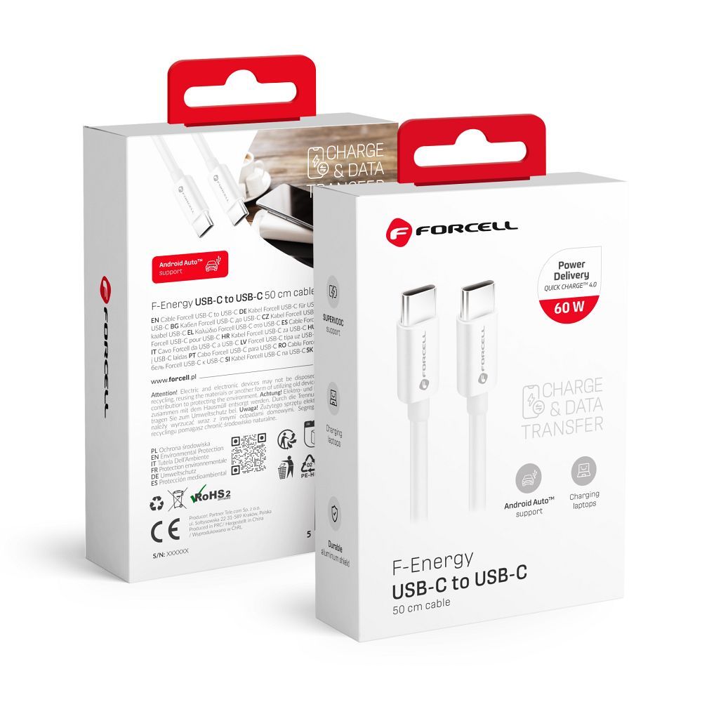 FORCELL F-ENERGY C338 Type C – Type C PD QC4.0 3A 60W 0,5 m fehér kábel