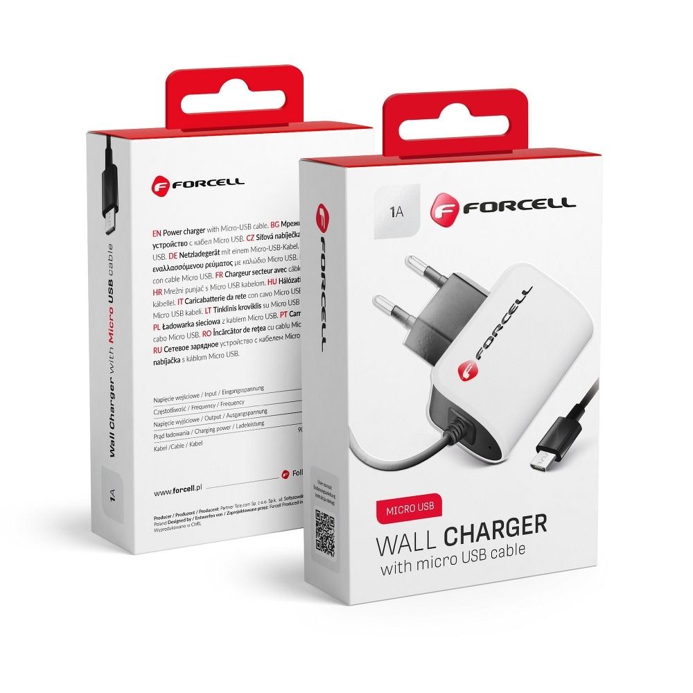 FORCELL F-ENERGY U19 utazó töltő Micro USB kábellel 1A 5W fehér-fekete