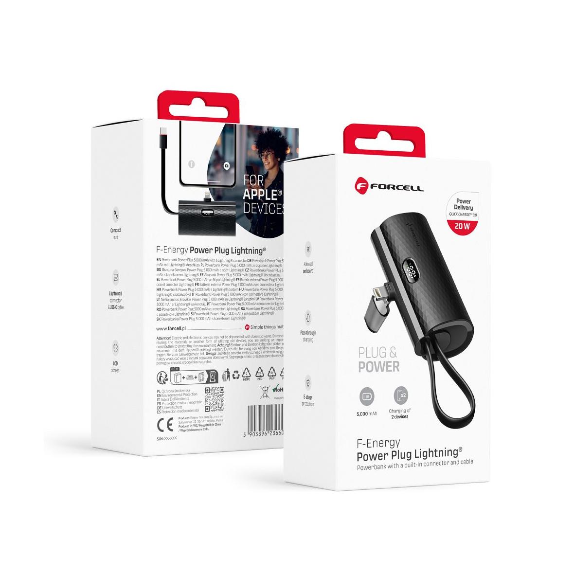 Powerbank Forcell F-Energy Power Plug F5K3 PD 20W 5000 mAh z wbudowanym złączem Lightning czarny