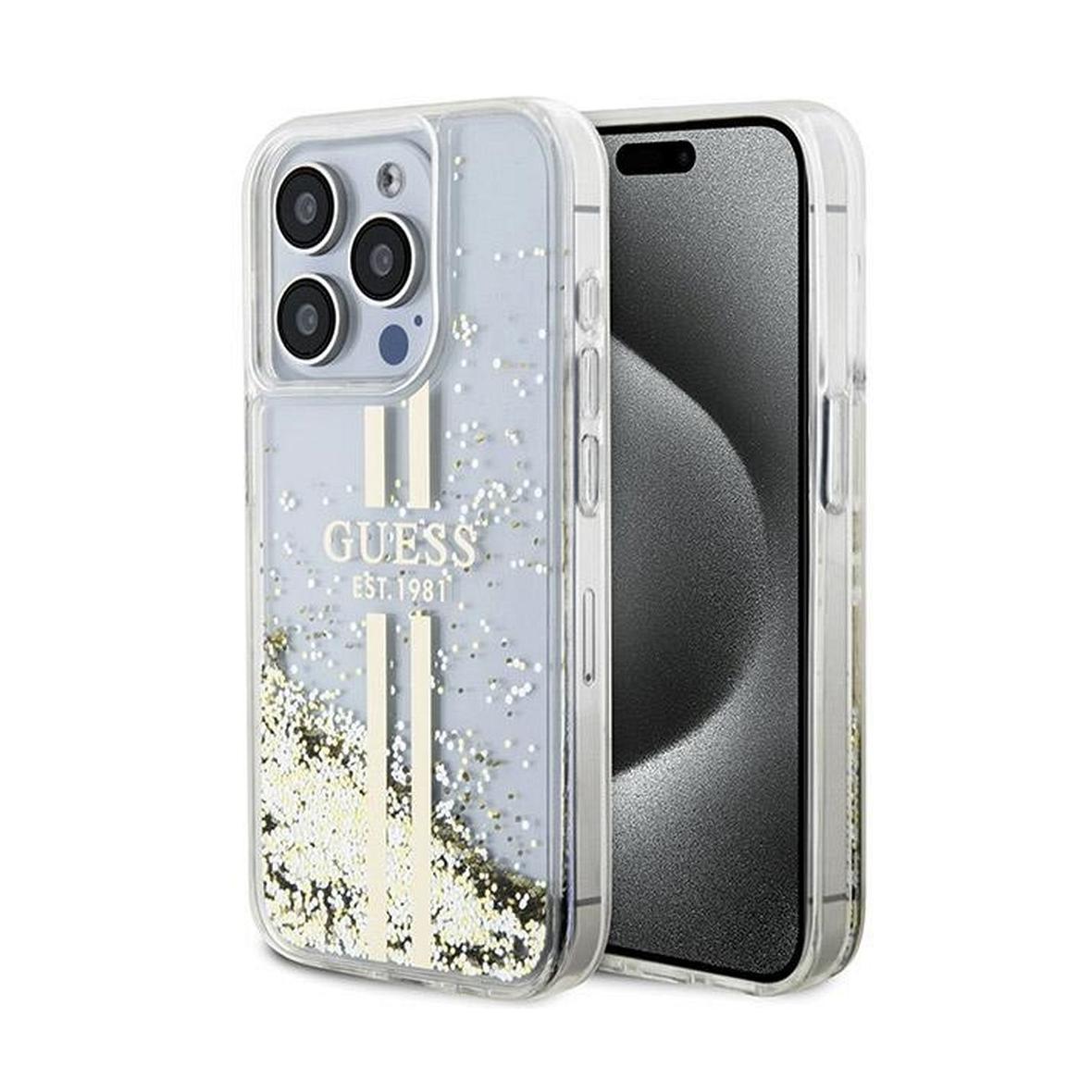 GUESS futerał do IPHONE 15 Pro Max GUHCP15XLFCSEGT (Liquid Glitter Gold Stripes) transparentny
