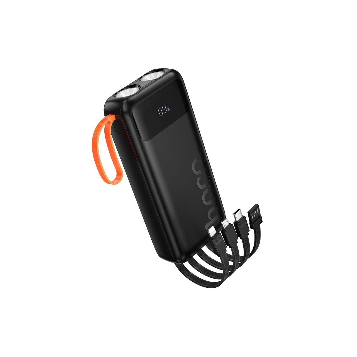 Powerbank Hoco 20000 mAh 2A z wbudowanymi kablami USB A + USB C + Lightning + Micro USB oraz podwójną latarką J151A czarny