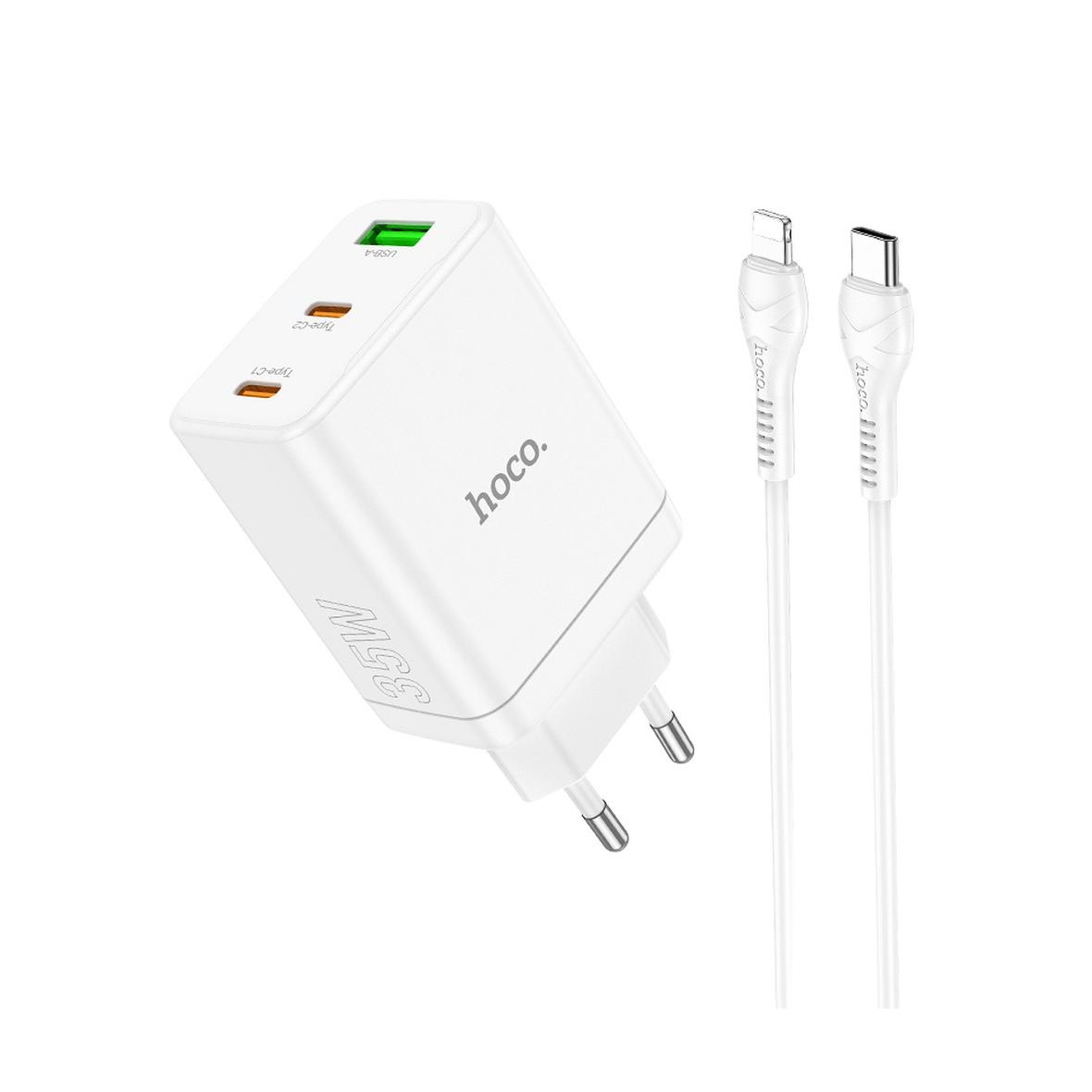 Ładowarka sieciowa do telefonu Hoco 2 x USB C + USB A QC3.0 PD 3A 35W + kabel USB C do Lightning N33 biała