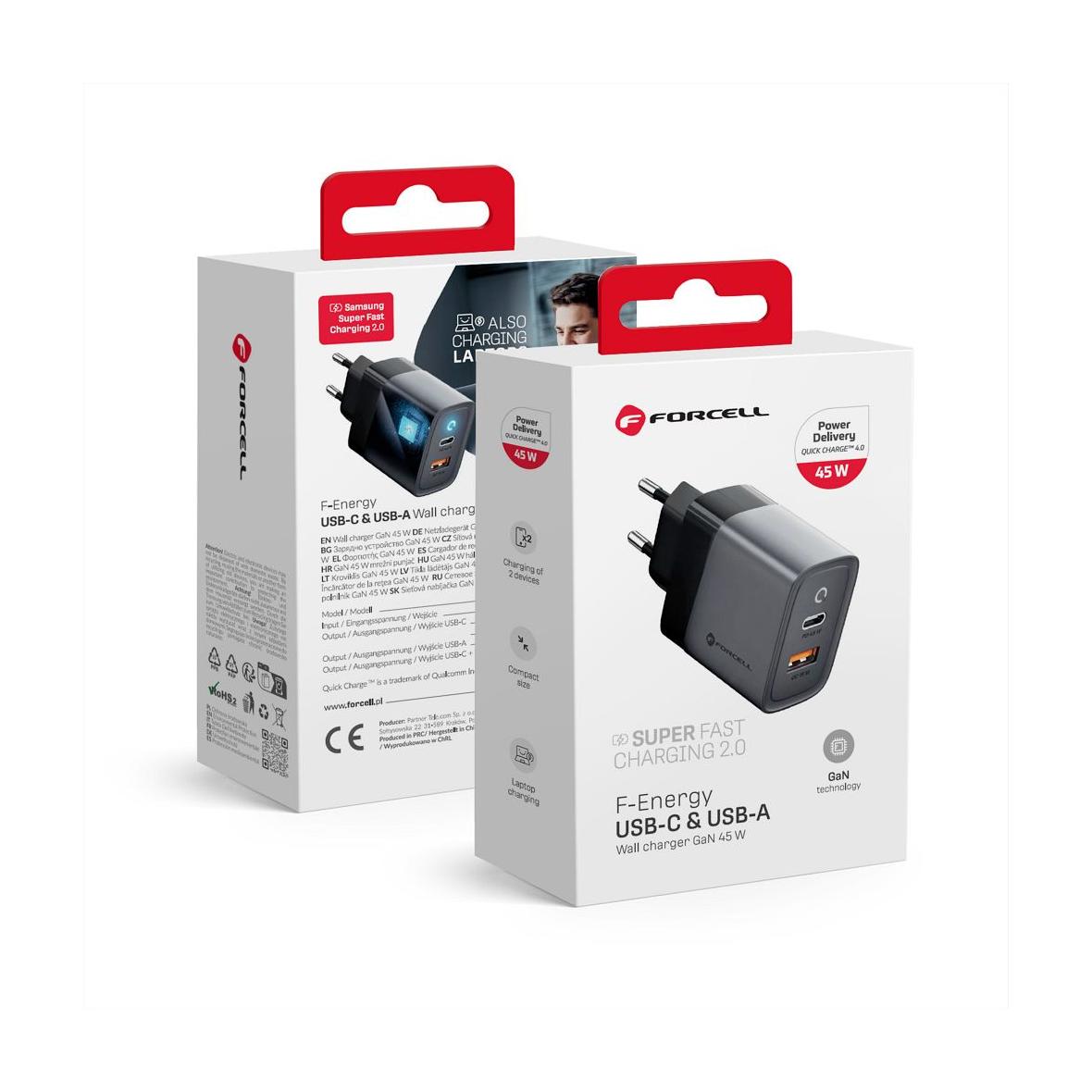 Ładowarka sieciowa do telefonu Forcell F-Energy GaN USB C + USB A QC4.0 PD 4A 45W VT-39 szara